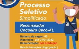 IBGE está com cinco vagas abertas para o Censo 2022 no município de Coqueiro Seco